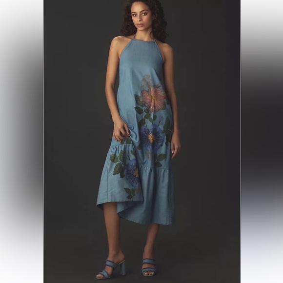 Anthropologie Dresses & Skirts - Anthropologie X Pilcro Halter Embroidered Denim Midi Dress. Size XXS/ size 4